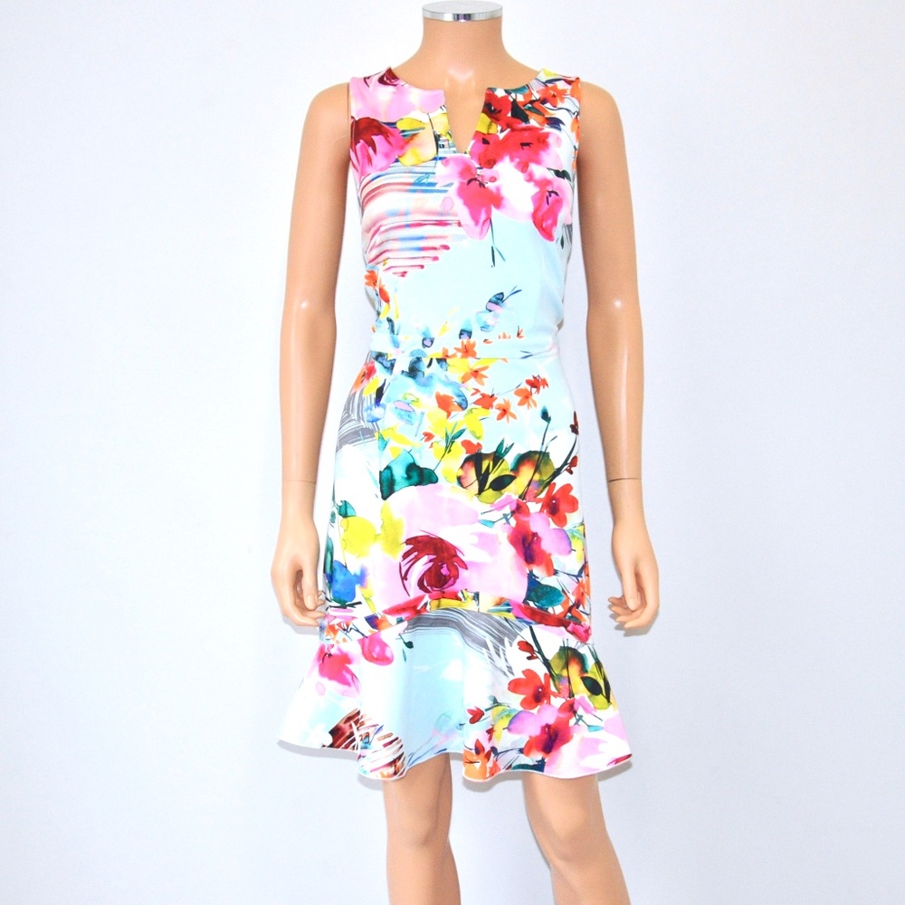 DERHY Floral Flare Hem Stretch Shift Dress - Sz L - Picture 2 of 9